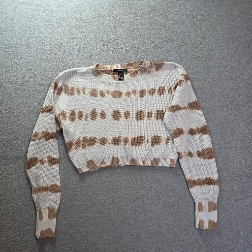 Forever 21 Cropped Sweater Womens M Cream Brown Tie Dye Knit Long Sleeve Y2K